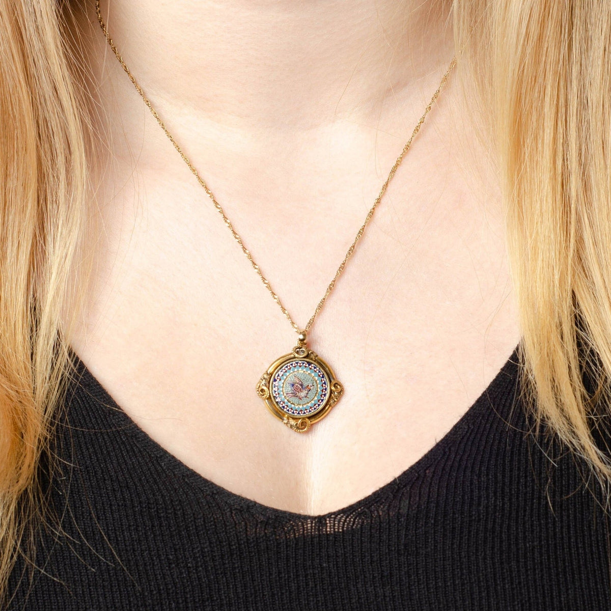 Antique Micromosaic Necklace | Victorian Bird Pendant - Trademark Antiques