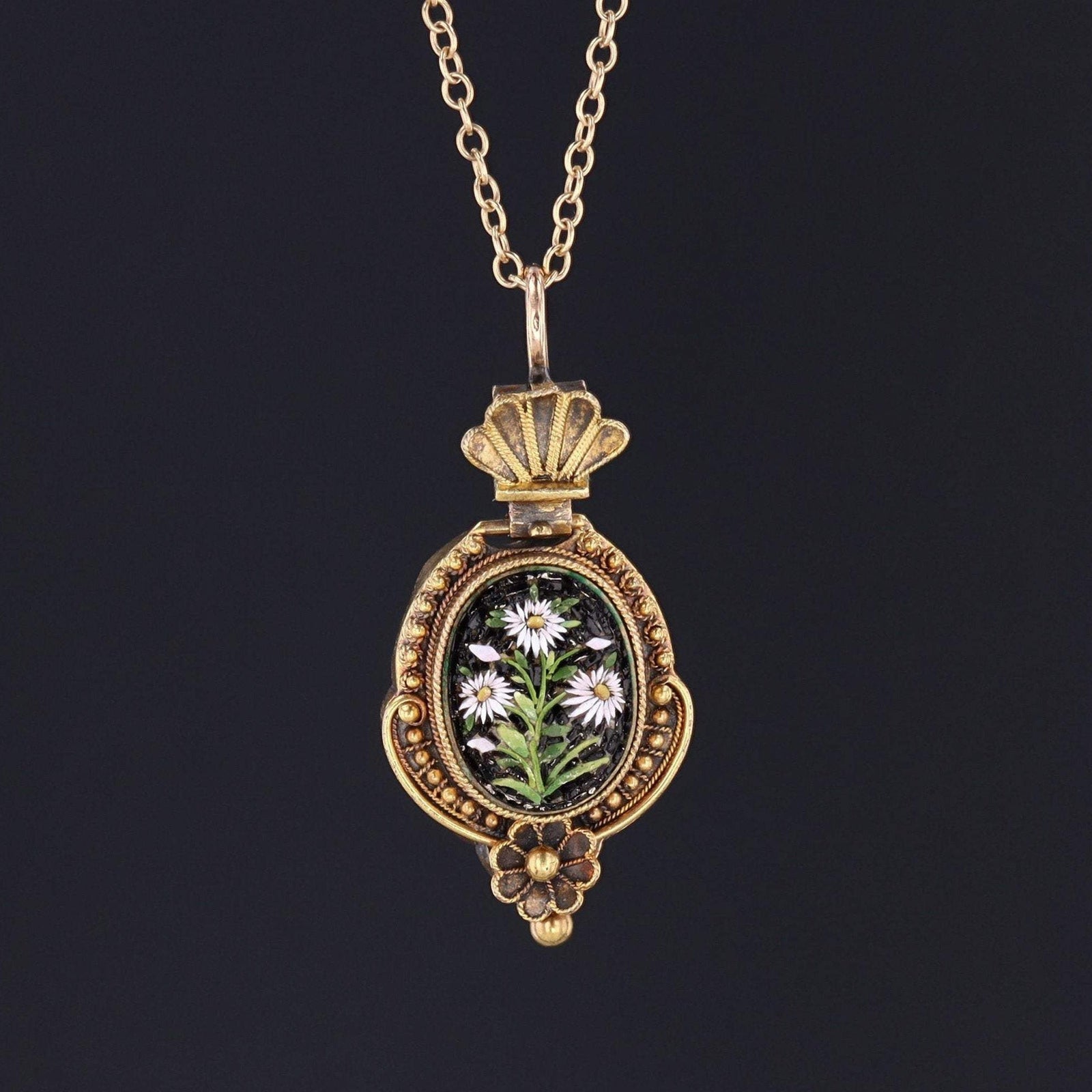 Antique Micromosaic Pendant | Antique Daisy Pendant - Trademark Antiques