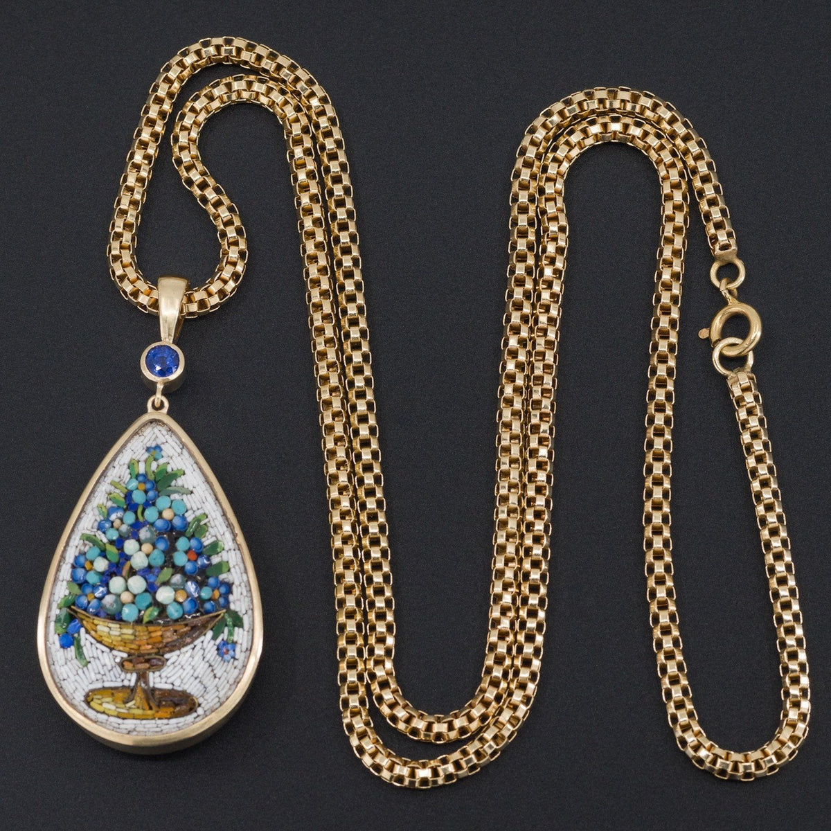 Antique Micromosaic Pendant | Antique Forget - Me - Not Flower Pendant with Sapphire - Trademark Antiques