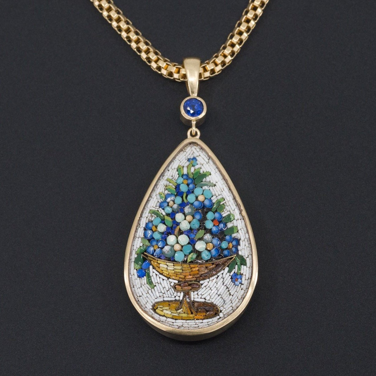 Antique Micromosaic Pendant | Antique Forget - Me - Not Flower Pendant with Sapphire - Trademark Antiques