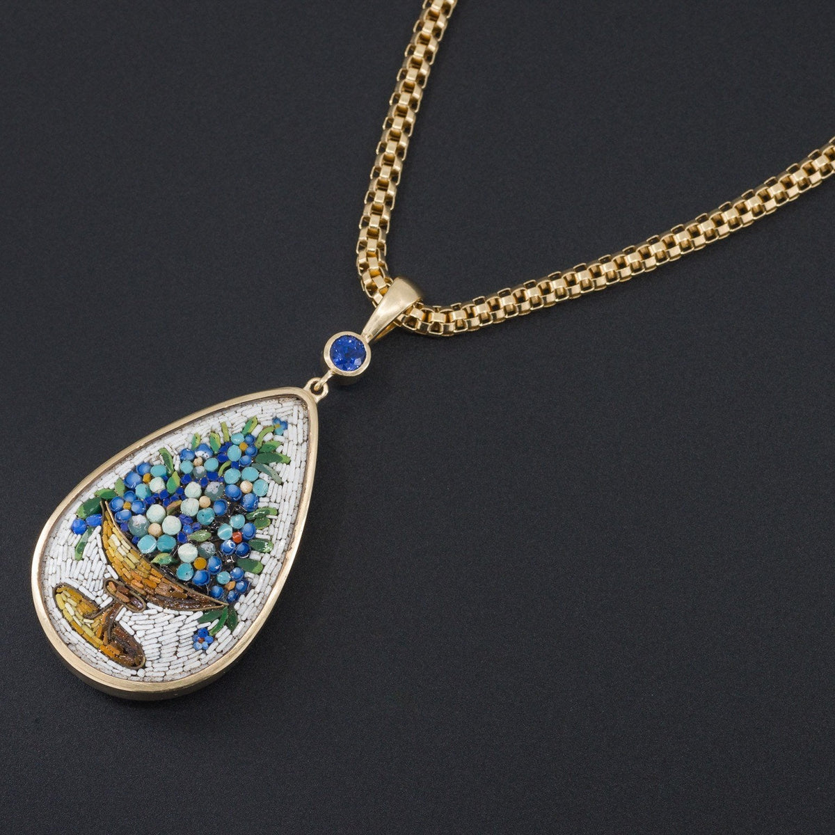 Antique Micromosaic Pendant | Antique Forget - Me - Not Flower Pendant with Sapphire - Trademark Antiques
