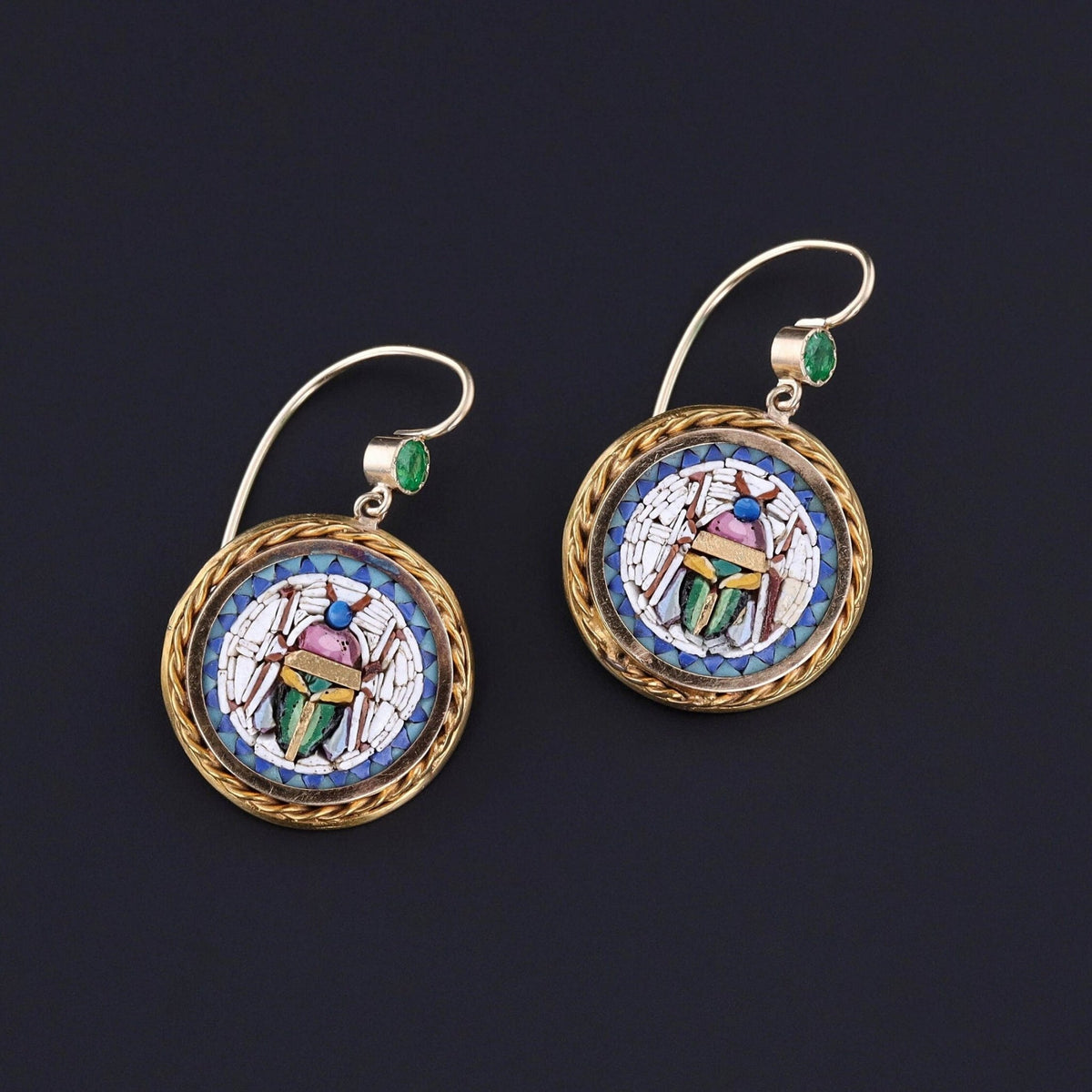 Antique Micromosaic Scarab Earrings of 14k Gold - Trademark Antiques
