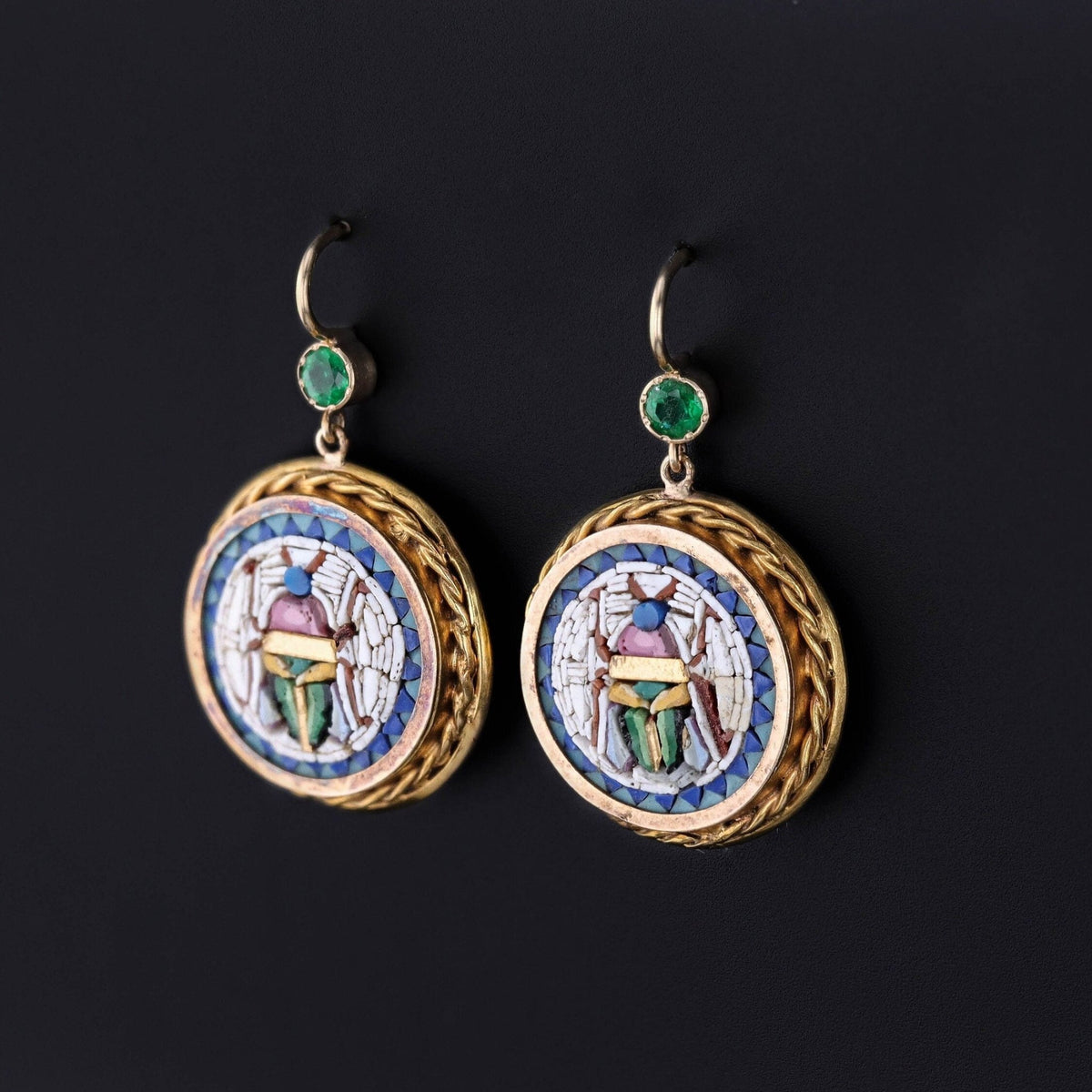 Antique Micromosaic Scarab Earrings of 14k Gold - Trademark Antiques