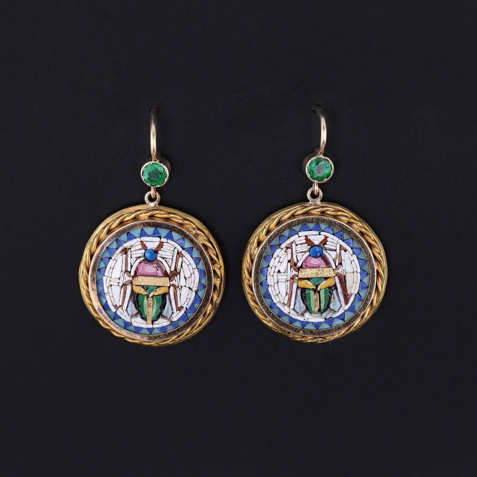 Antique Micromosaic Scarab Earrings of 14k Gold - Trademark Antiques