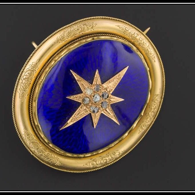 Antique Mid - Victorian 14k Gold Enamel &amp; Diamond Mourning Brooch or Pendant | Victorian Brooch - Trademark Antiques