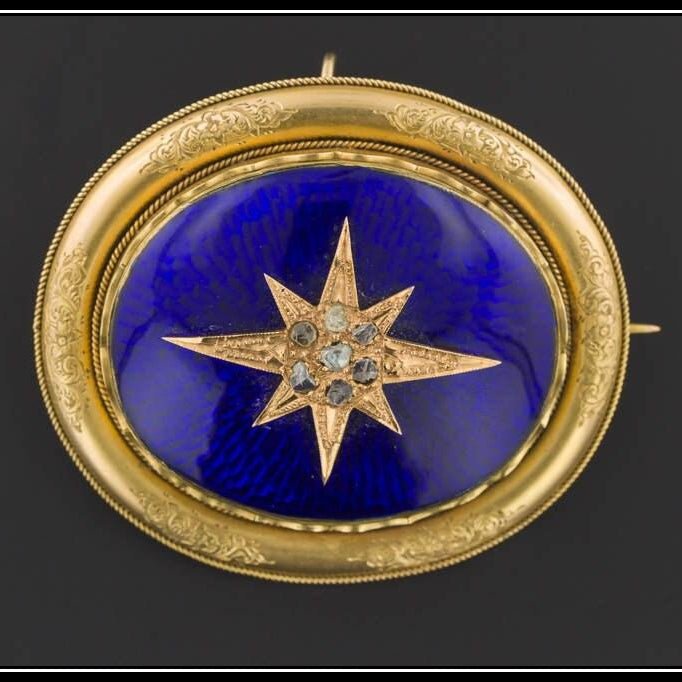 Antique Mid - Victorian 14k Gold Enamel &amp; Diamond Mourning Brooch or Pendant | Victorian Brooch - Trademark Antiques