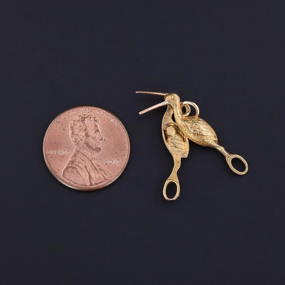 Antique Midwifery Stork Clamp Charm of 14k Gold - Trademark Antiques