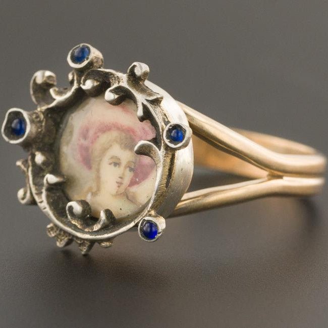 Antique Miniature Portrait Ring | Silver Topped 14k Yellow Gold Ring - Trademark Antiques