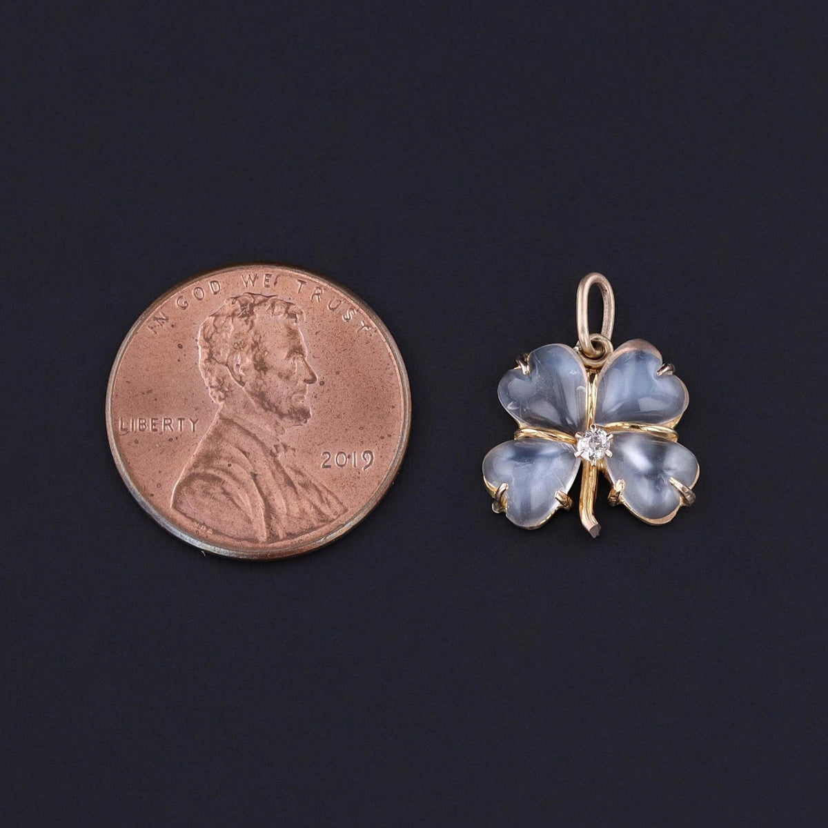 Antique Moonstone and Diamond Clover Charm of 14k Gold - Trademark Antiques