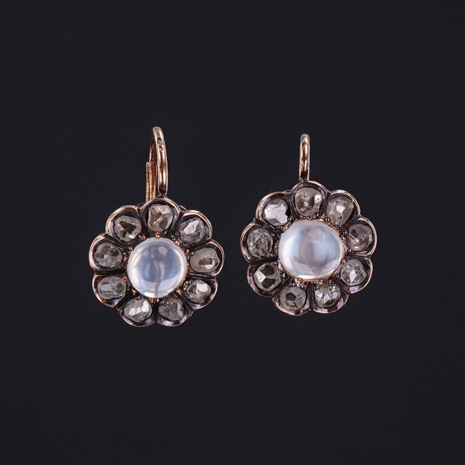 Antique Moonstone and Diamond Earrings of 14k Gold - Trademark Antiques