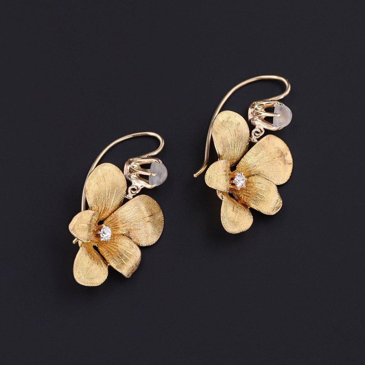 Antique Moonstone and Diamond Flower Conversion Earrings of 14k Gold - Trademark Antiques