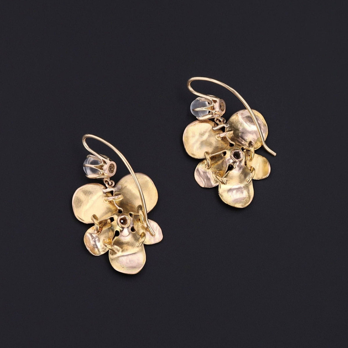 Antique Moonstone and Diamond Flower Conversion Earrings of 14k Gold - Trademark Antiques