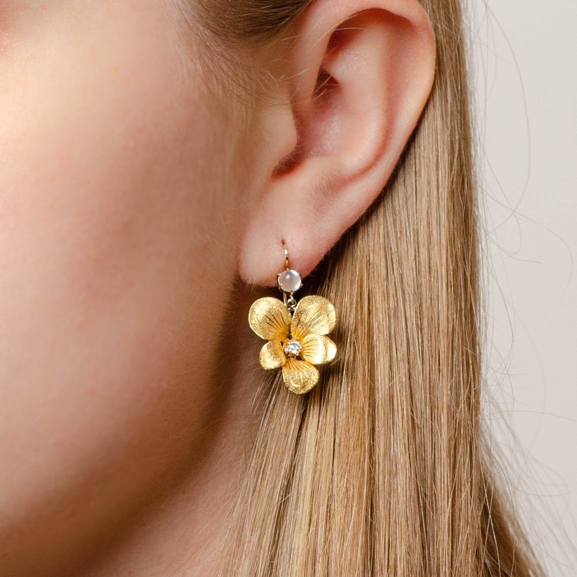 Antique Moonstone and Diamond Flower Conversion Earrings of 14k Gold - Trademark Antiques