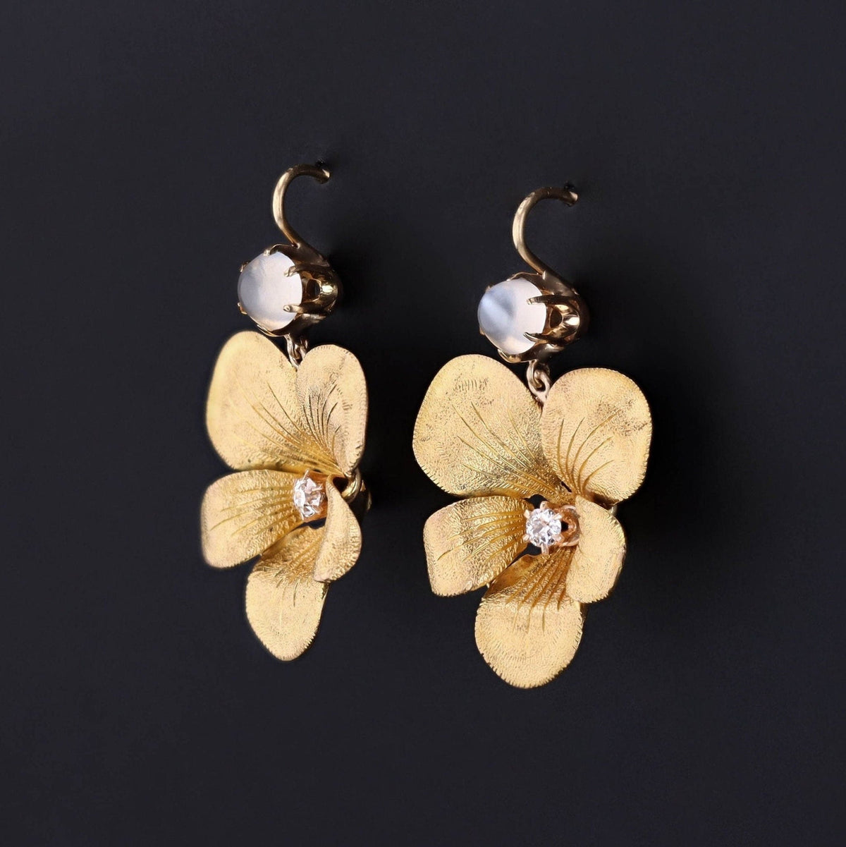 Antique Moonstone and Diamond Flower Conversion Earrings of 14k Gold - Trademark Antiques