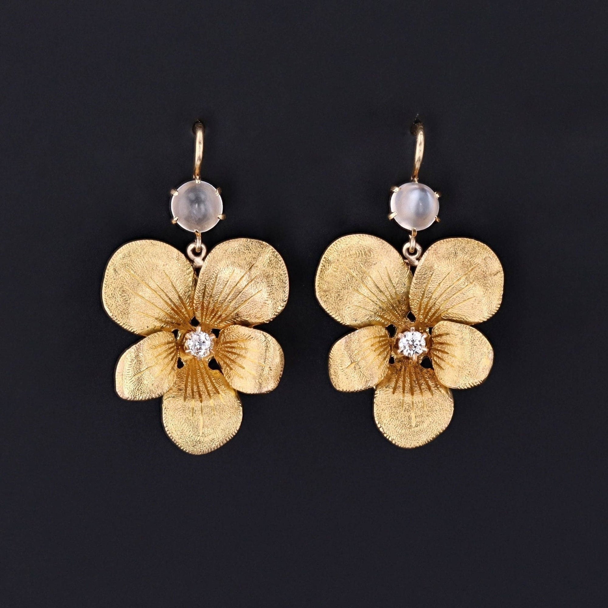 Antique Moonstone and Diamond Flower Conversion Earrings of 14k Gold - Trademark Antiques