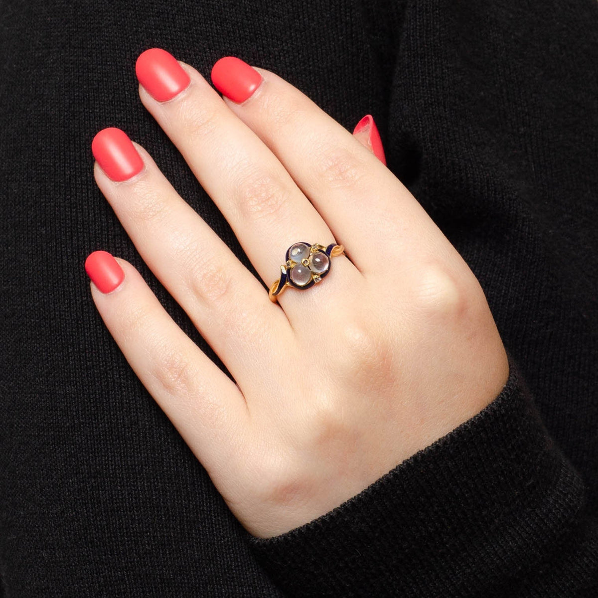 Antique Moonstone Enamel and Diamond Ring of 14k Gold - Trademark Antiques