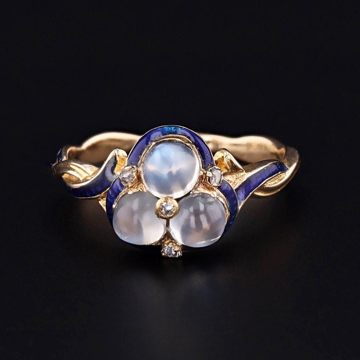 Antique Moonstone Enamel and Diamond Ring of 14k Gold - Trademark Antiques