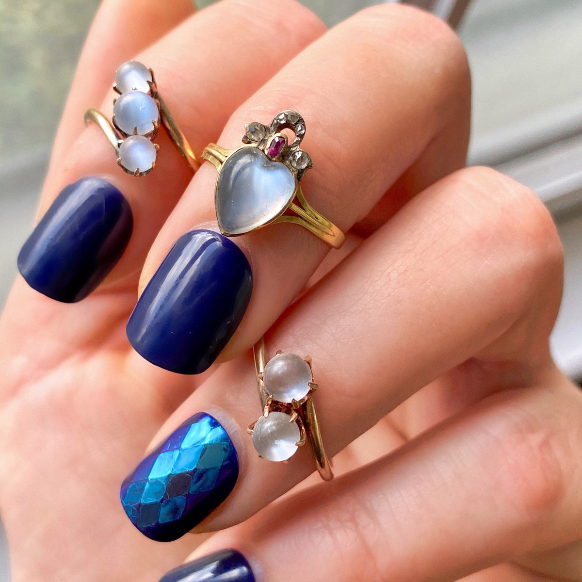 Antique Moonstone Heart Ring | Moonstone Diamond &amp; Ruby Ring - Trademark Antiques