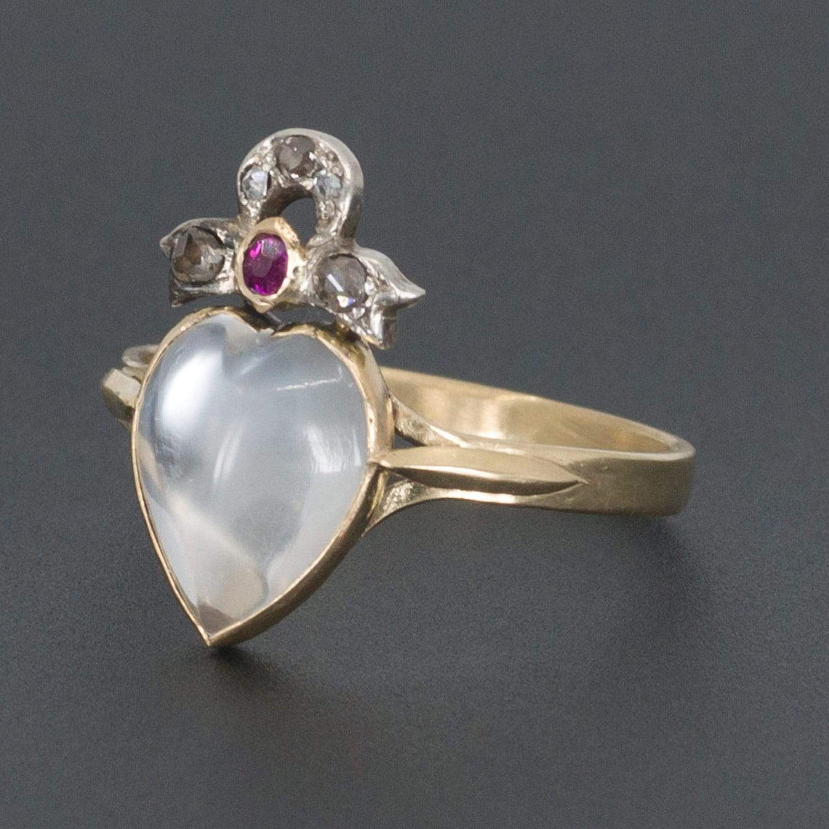 Antique Moonstone Heart Ring | Moonstone Diamond &amp; Ruby Ring - Trademark Antiques