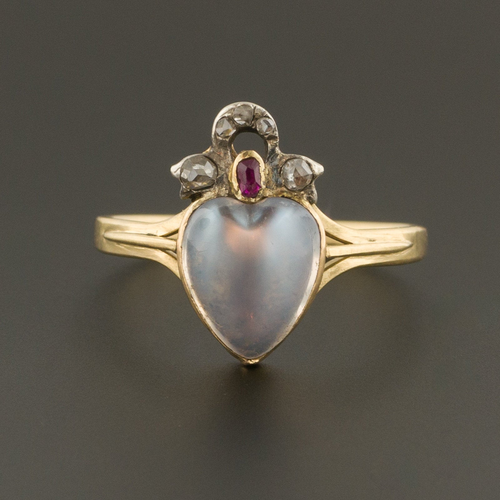 Antique Moonstone Heart Ring | Moonstone Diamond & Ruby Ring - Trademark Antiques