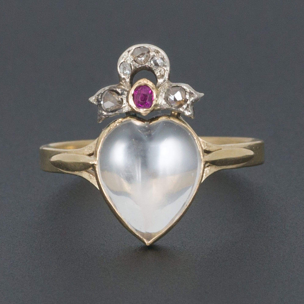 Antique Moonstone Heart Ring | Moonstone Diamond &amp; Ruby Ring - Trademark Antiques