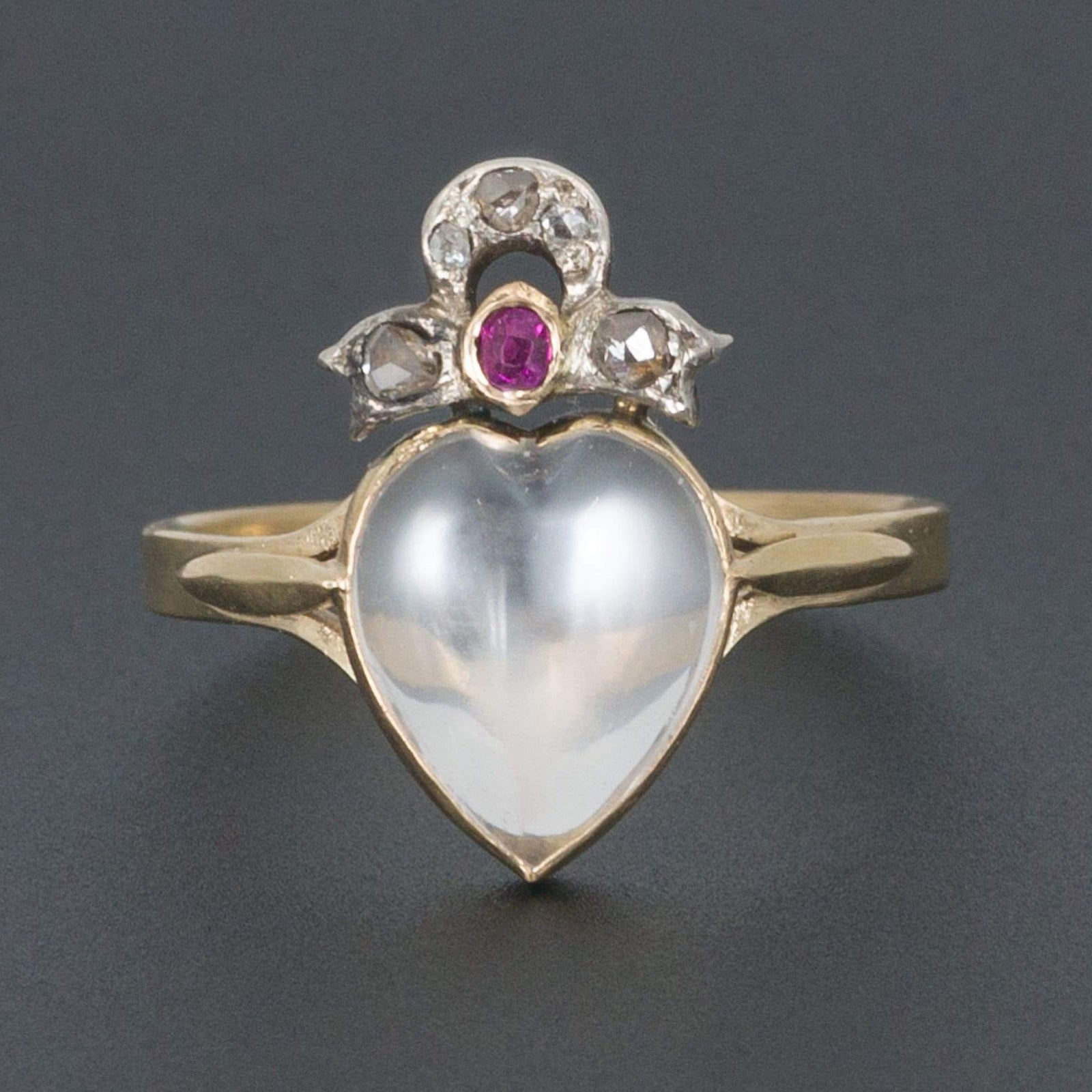 Antique Moonstone Heart Ring | Moonstone Diamond & Ruby Ring - Trademark Antiques