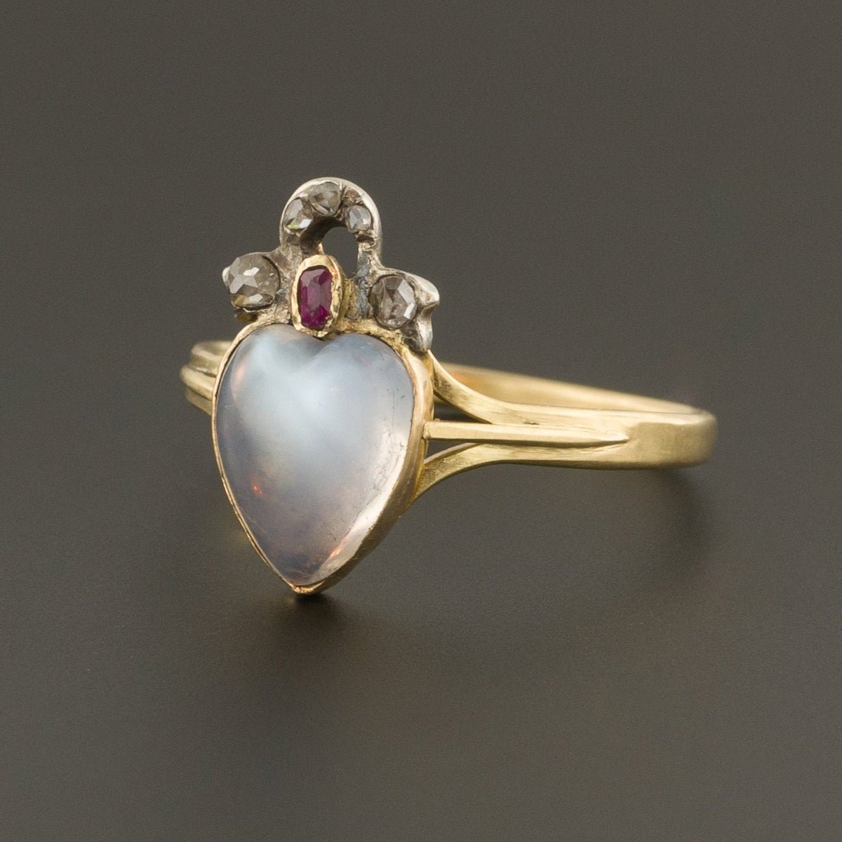 Antique Moonstone Heart Ring | Moonstone Diamond &amp; Ruby Ring - Trademark Antiques