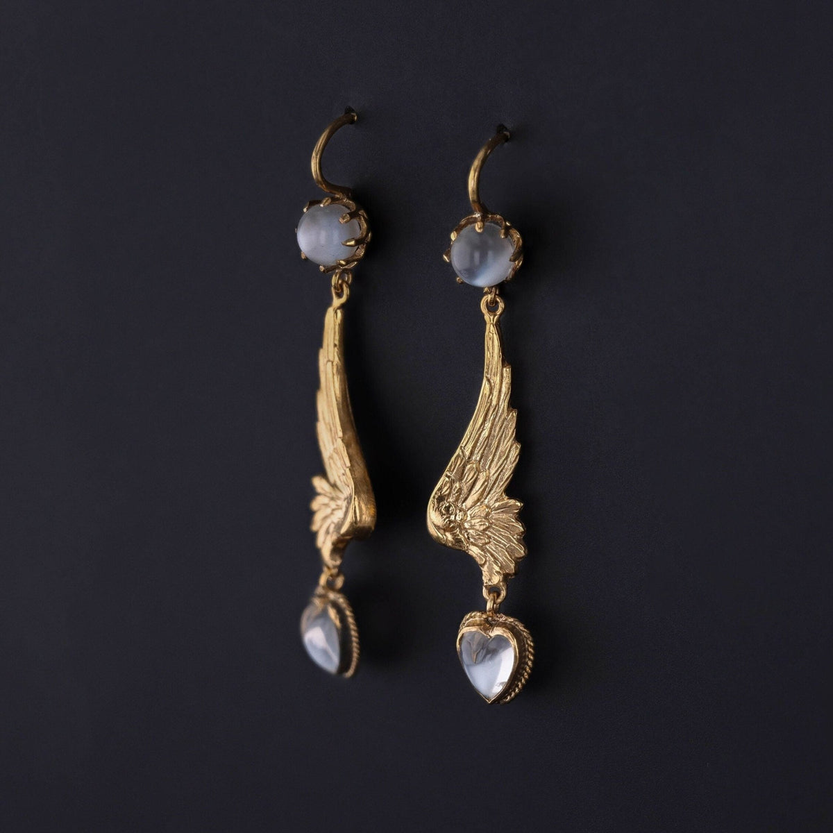 Antique Moonstone Heart Wing Conversion Earrings of 14k Gold - Trademark Antiques