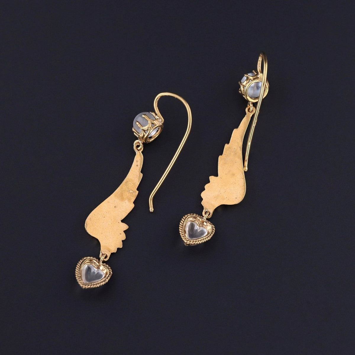 Antique Moonstone Heart Wing Conversion Earrings of 14k Gold - Trademark Antiques