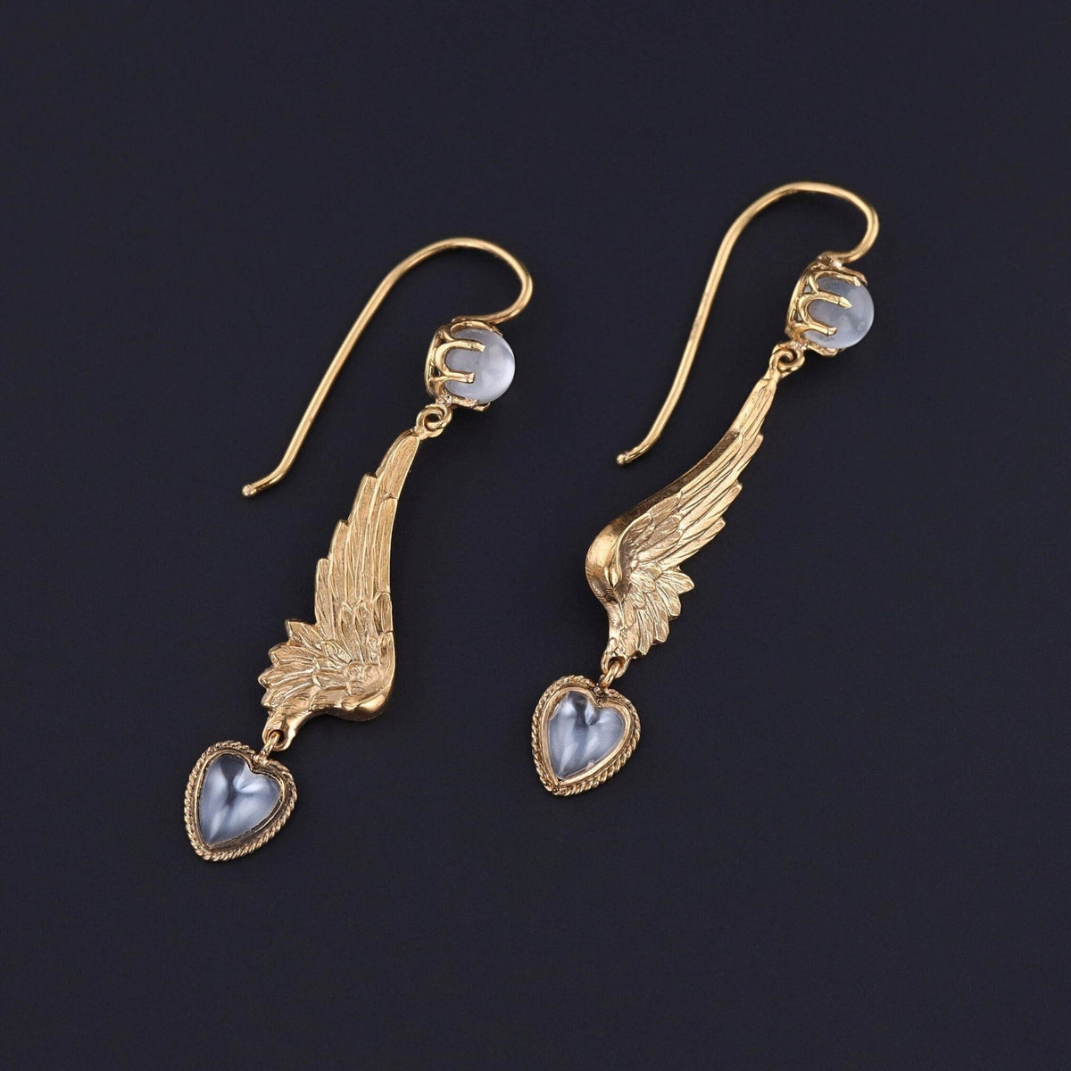Antique Moonstone Heart Wing Conversion Earrings of 14k Gold - Trademark Antiques