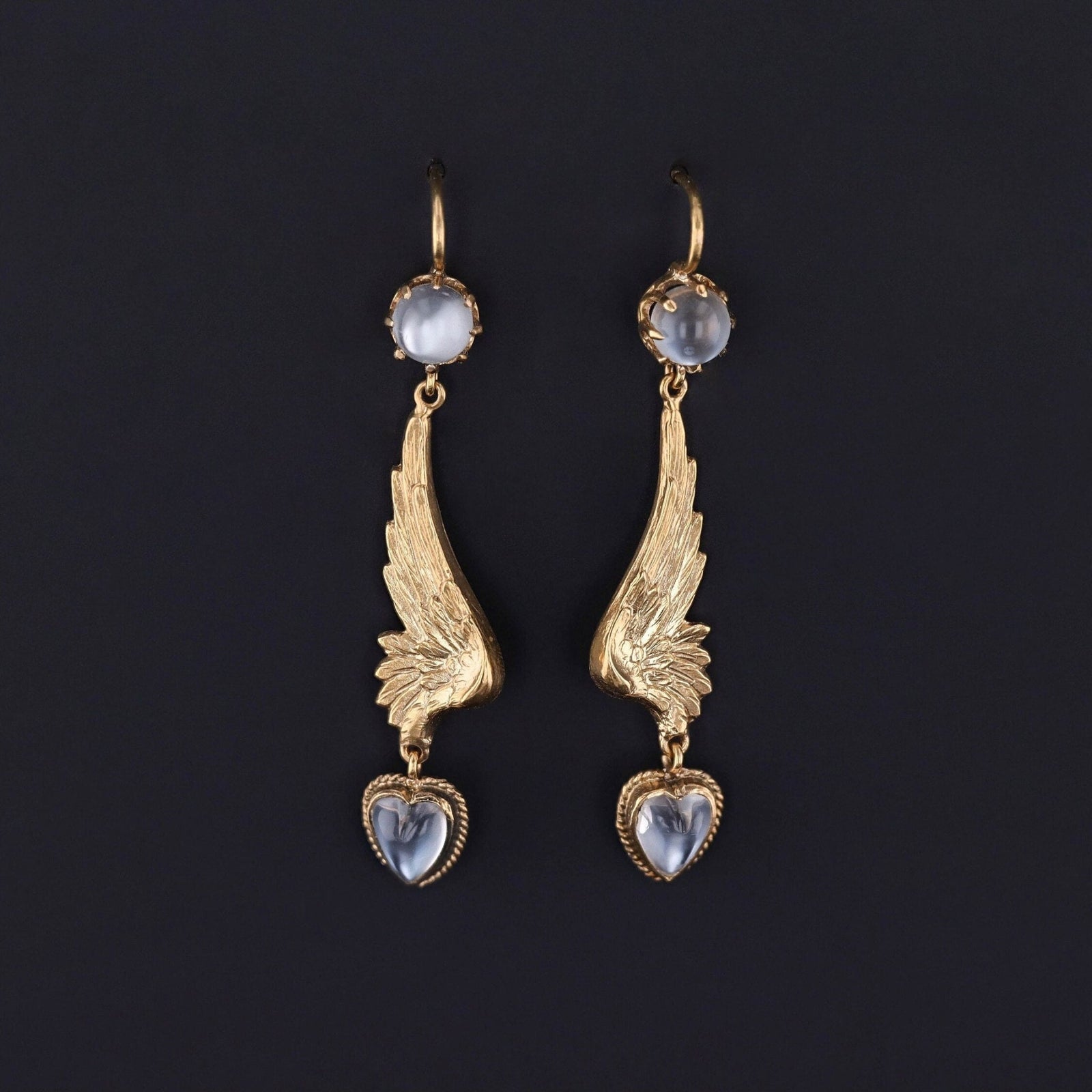 Antique Moonstone Heart Wing Conversion Earrings of 14k Gold - Trademark Antiques