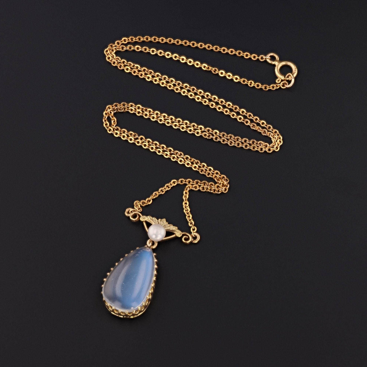 Antique Moonstone Necklace | 14k Gold Moonstone &amp; Pearl Necklace - Trademark Antiques