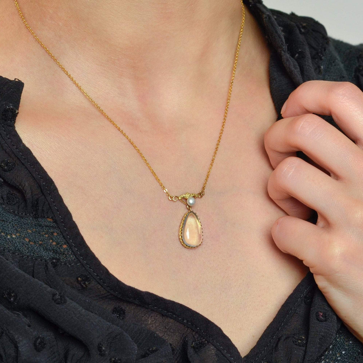 Antique Moonstone Necklace | 14k Gold Moonstone &amp; Pearl Necklace - Trademark Antiques