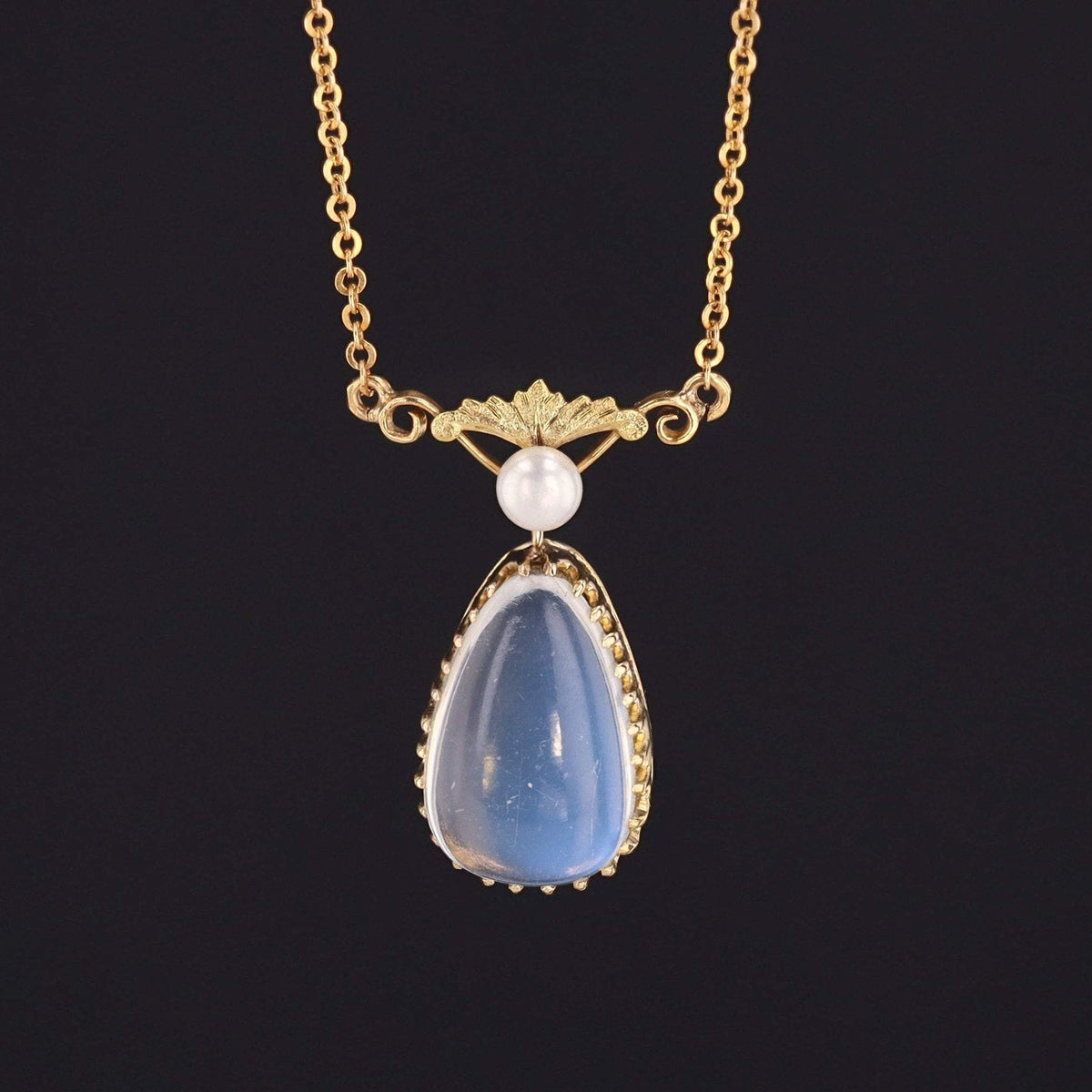 Antique Moonstone Necklace | 14k Gold Moonstone &amp; Pearl Necklace - Trademark Antiques