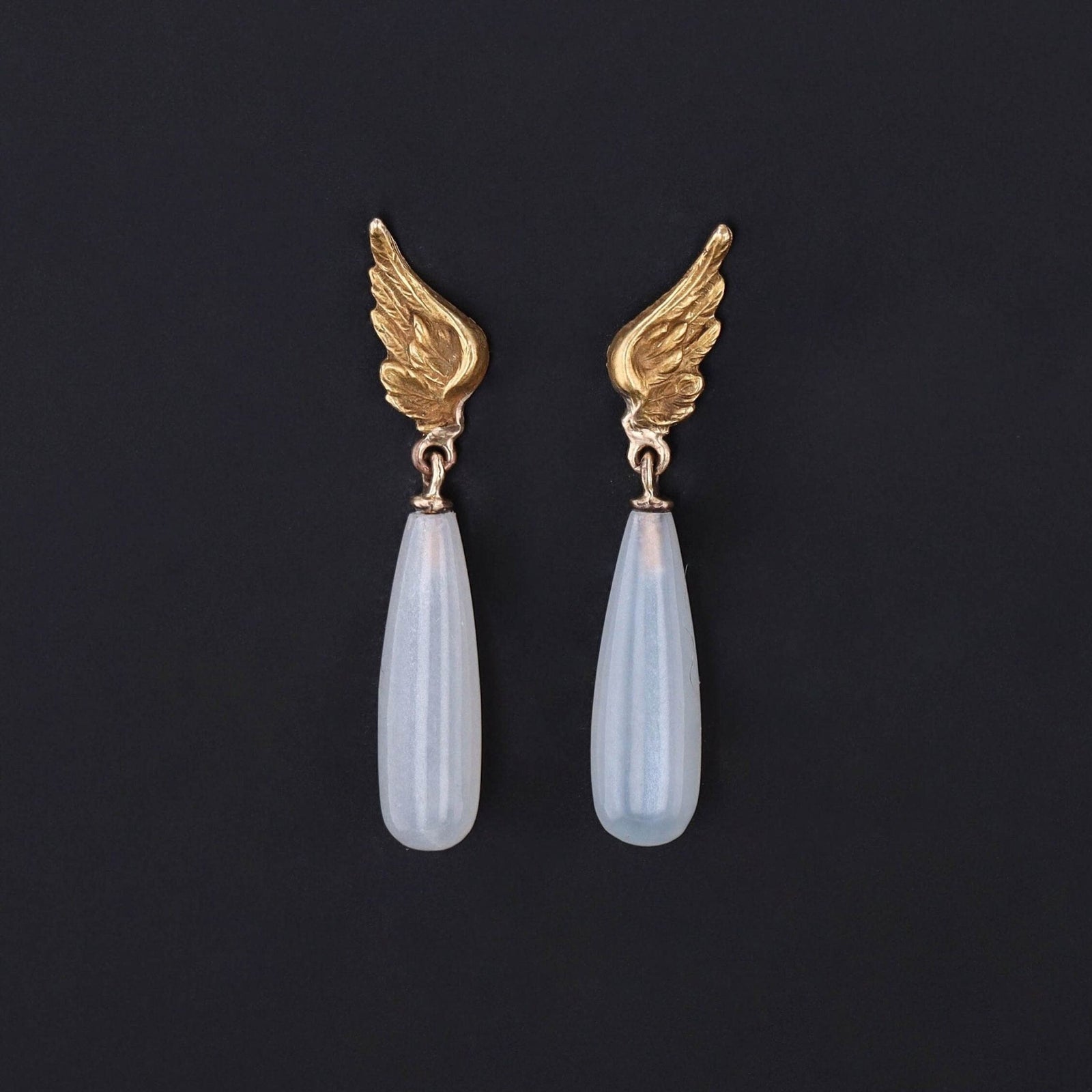 Antique Moonstone Wing Conversion Earrings of 14k Gold - Trademark Antiques