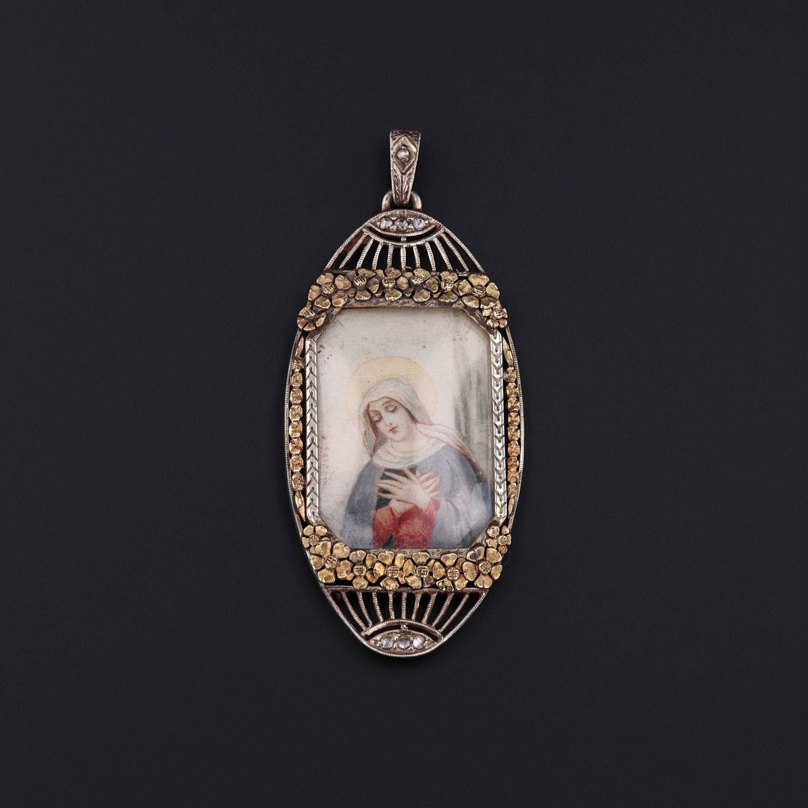 Antique Mother Mary Miniature in 14k Gold with Diamonds - Trademark Antiques