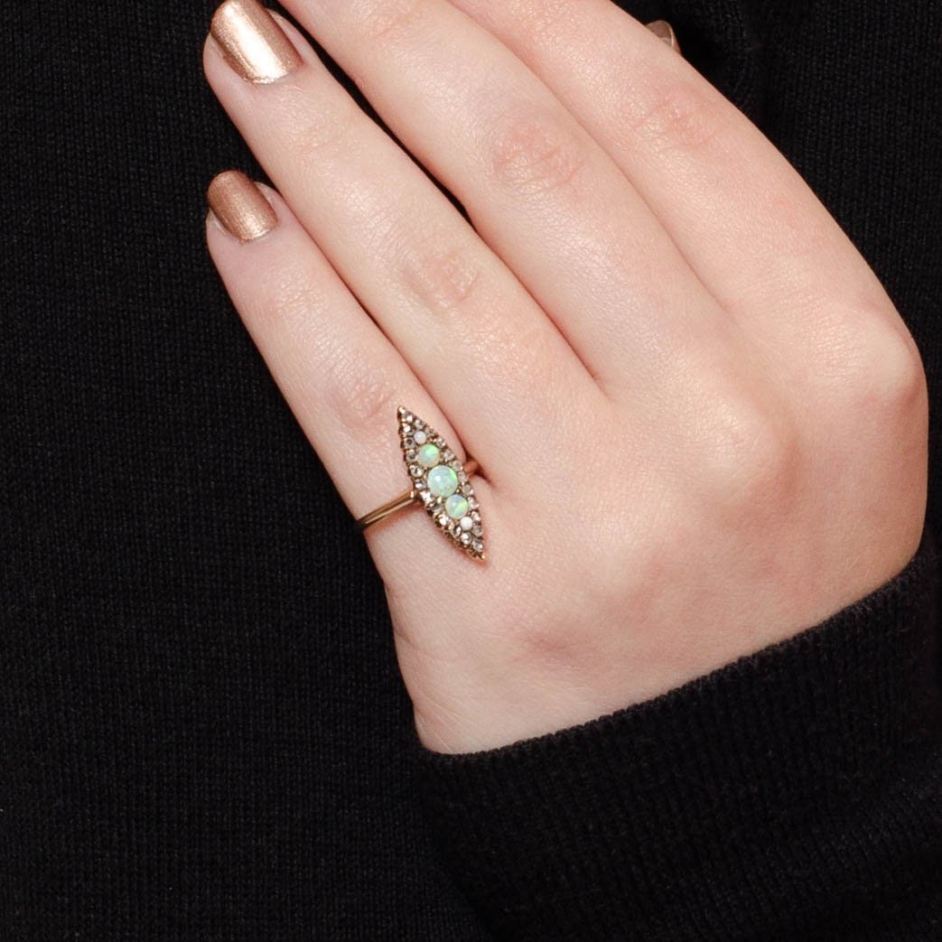 Antique Navette Opal and Diamond Ring of 14k Gold - Trademark Antiques
