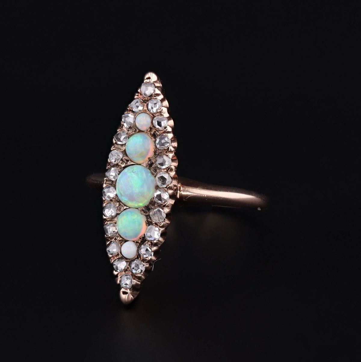 Antique Navette Opal and Diamond Ring of 14k Gold - Trademark Antiques