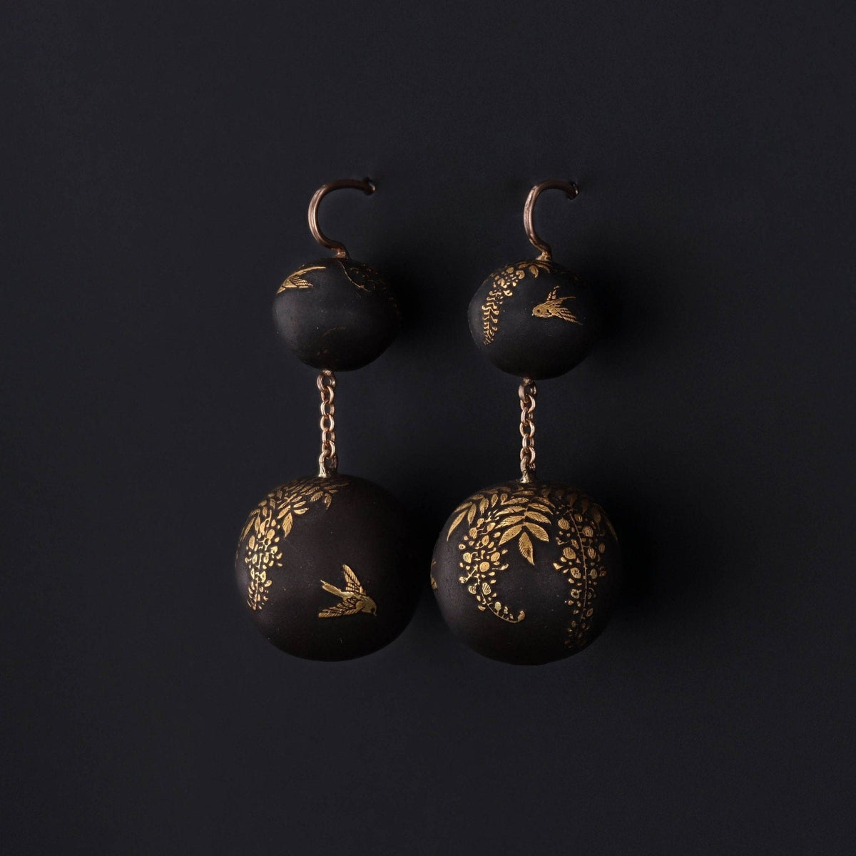Antique Niello Bead Earrings with Birds on 14k Gold Ear Wires - Trademark Antiques