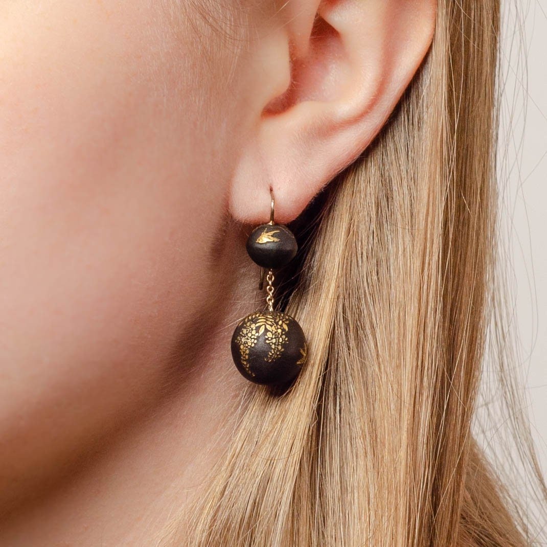 Antique Niello Bead Earrings with Birds on 14k Gold Ear Wires - Trademark Antiques