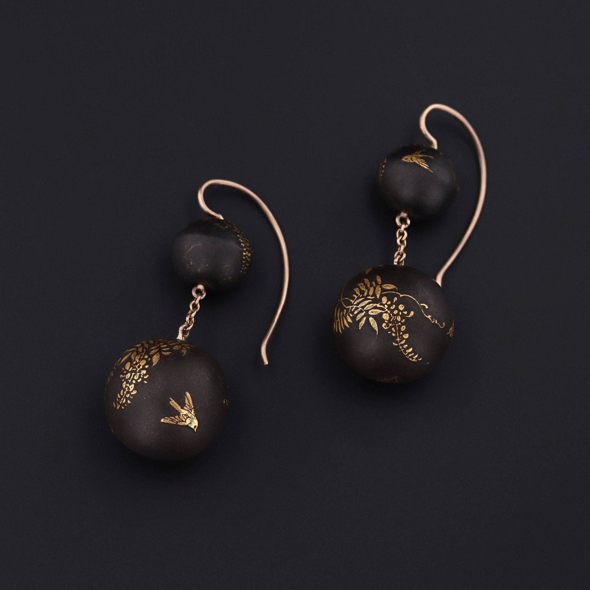 Antique Niello Bead Earrings with Birds on 14k Gold Ear Wires - Trademark Antiques