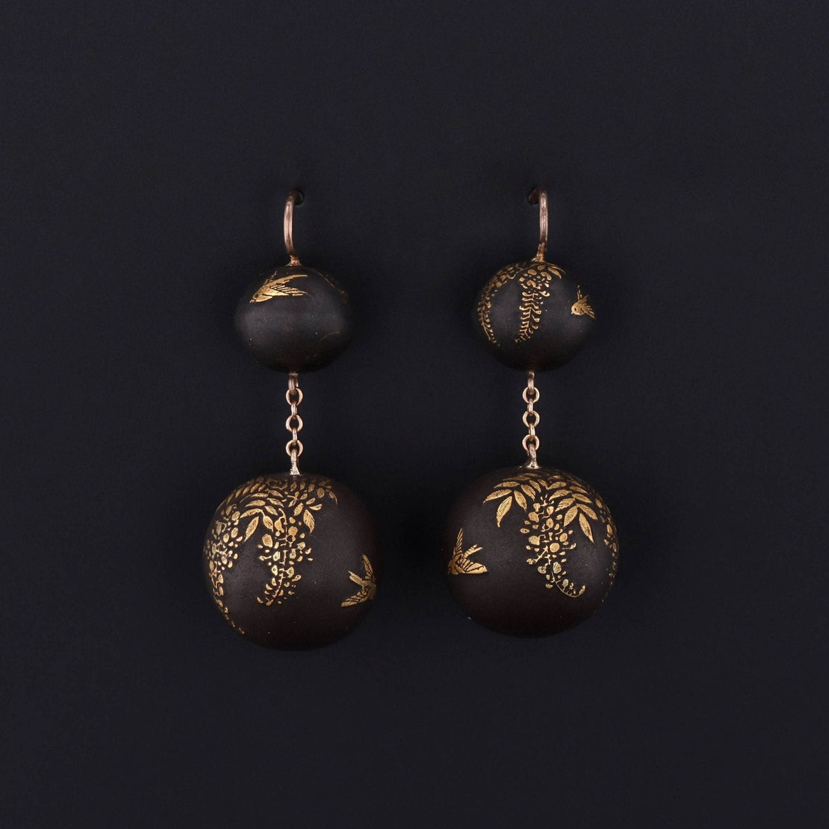 Antique Niello Bead Earrings with Birds on 14k Gold Ear Wires - Trademark Antiques