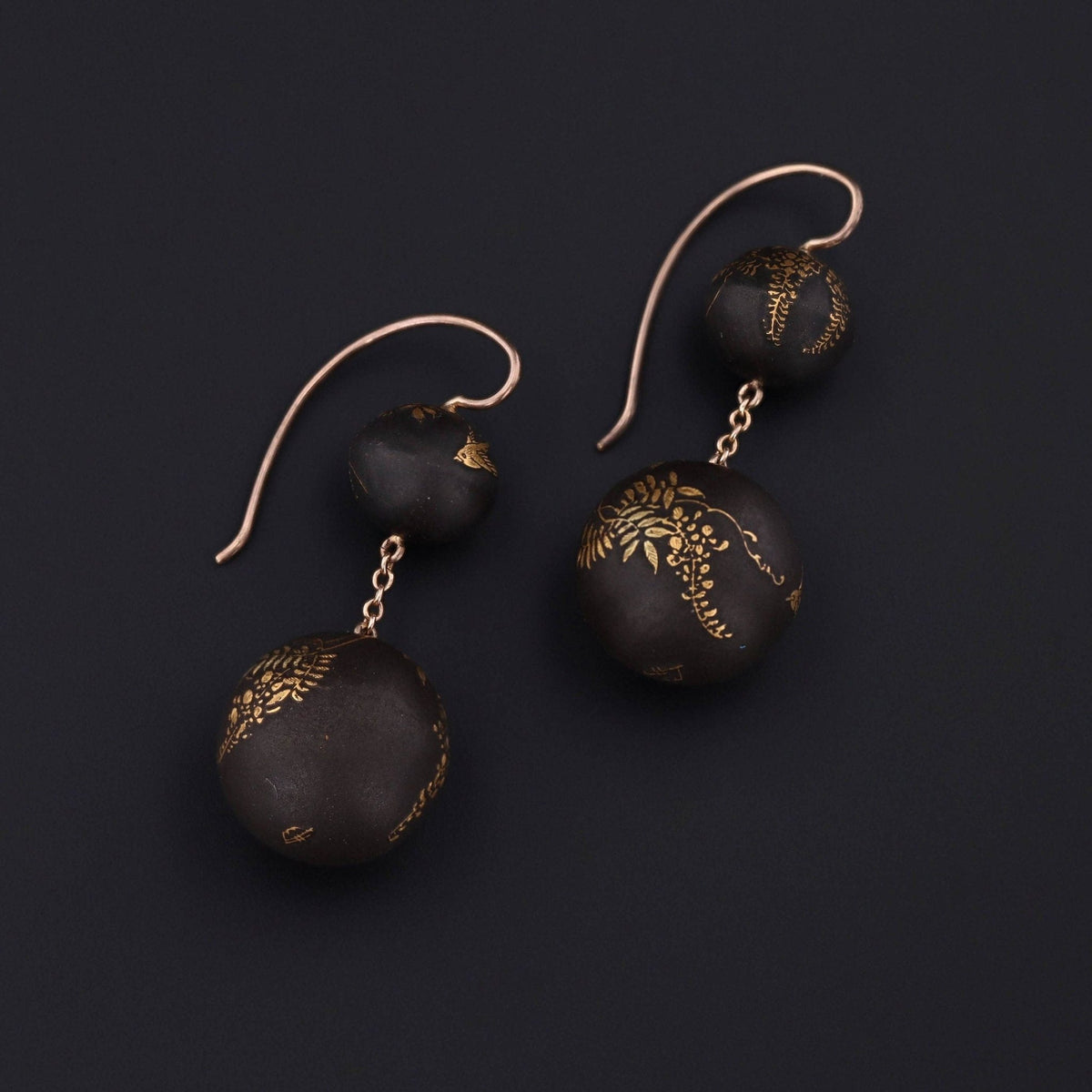 Antique Niello Bead Earrings with Birds on 14k Gold Ear Wires - Trademark Antiques