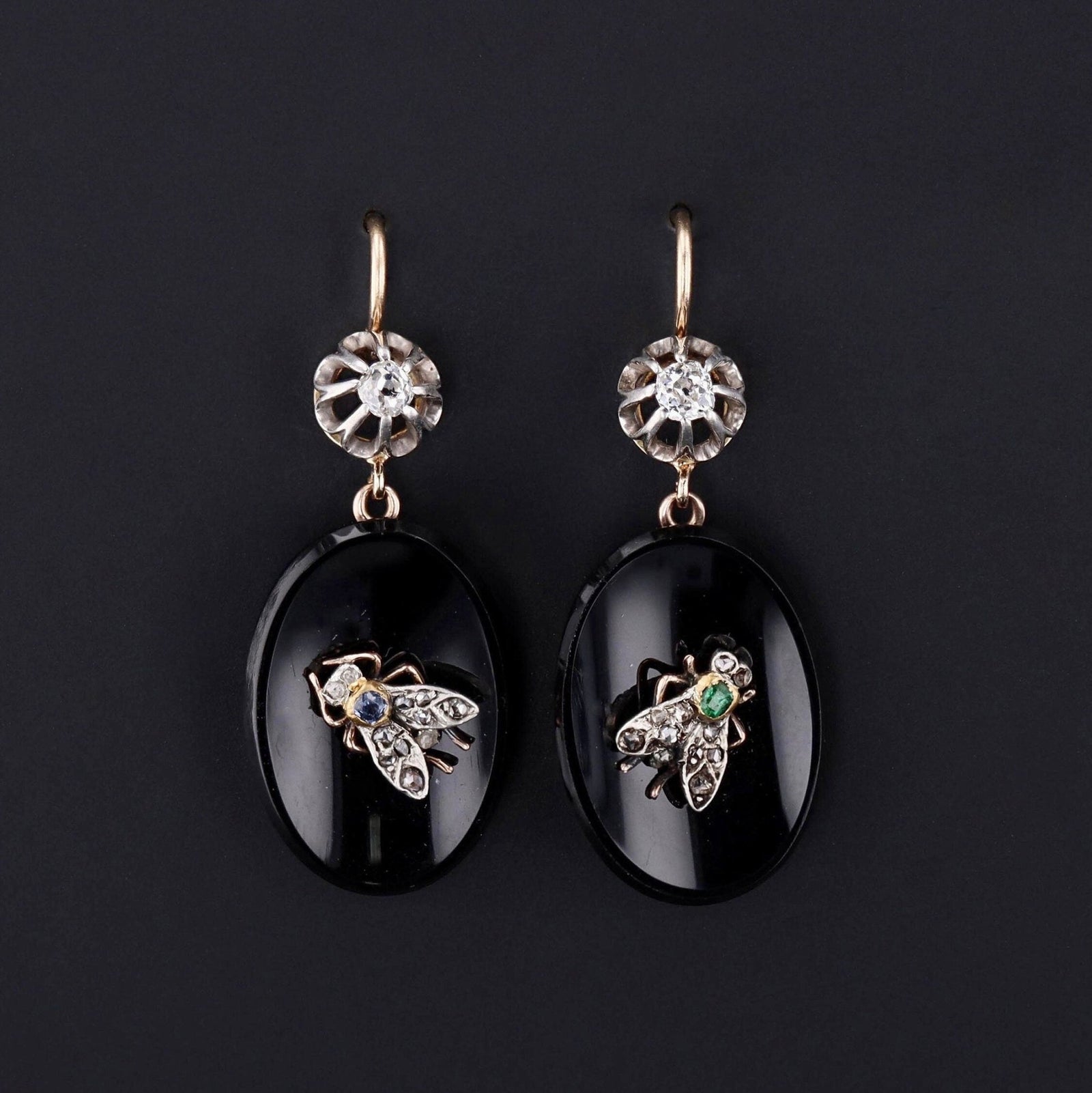 Antique Onyx and Diamond Insect Conversion Earrings - Trademark Antiques