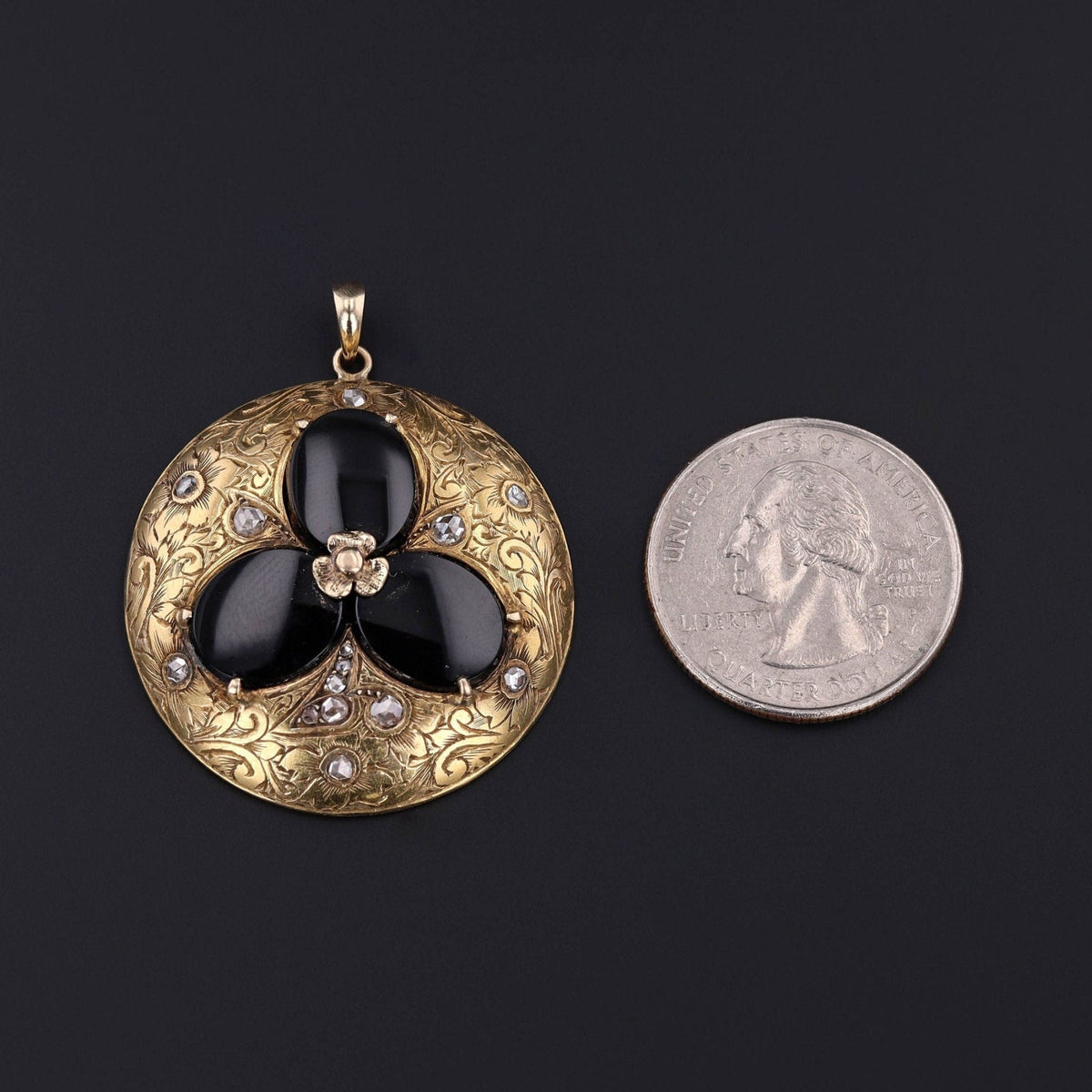 Antique Onyx and Diamond Pendant of 14k Gold - Trademark Antiques