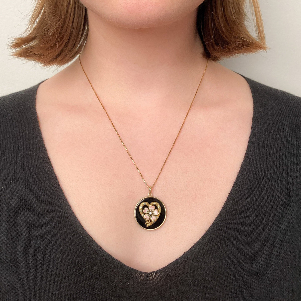 Antique Onyx and Enamel Flower Necklace of 14k Gold - Trademark Antiques