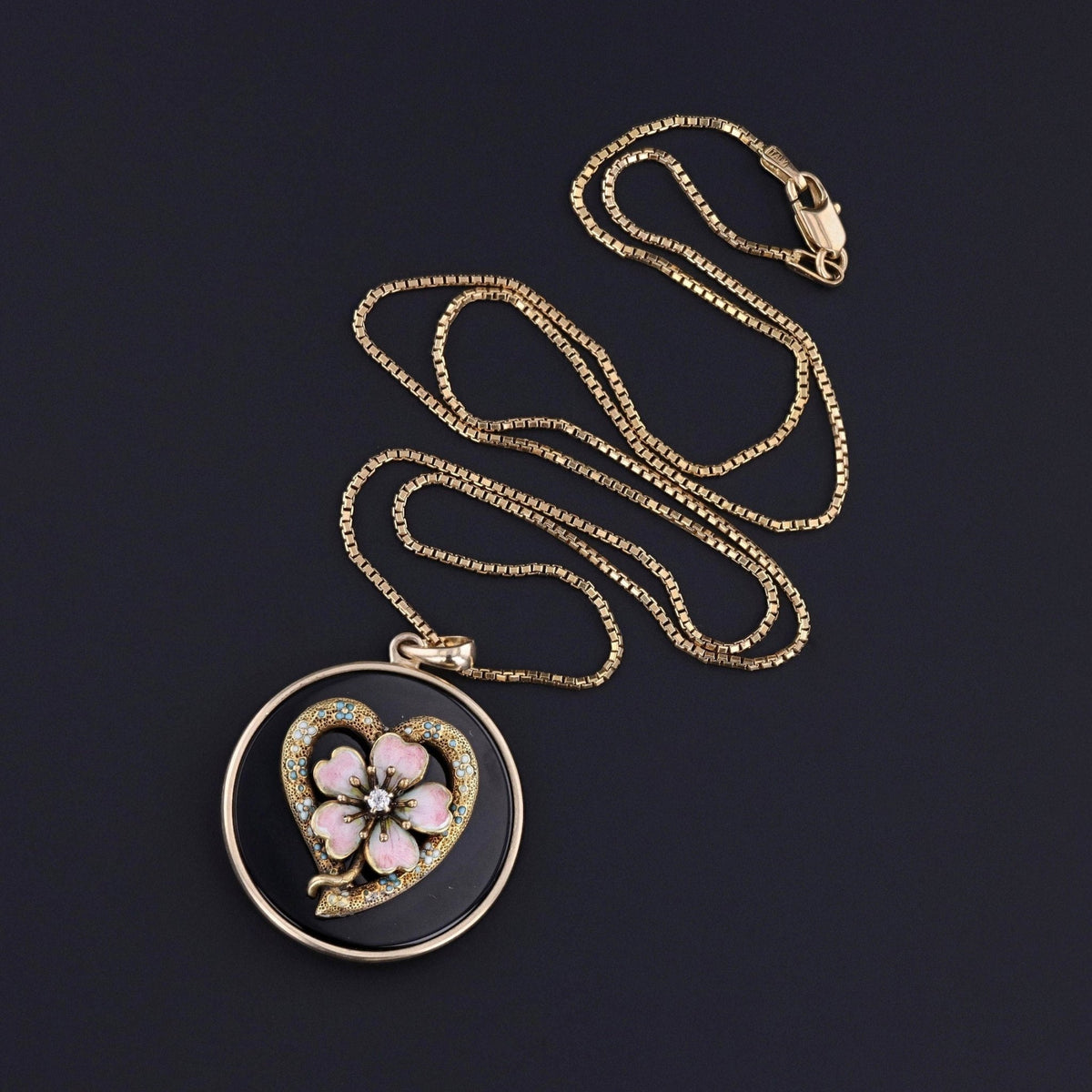 Antique Onyx and Enamel Flower Necklace of 14k Gold - Trademark Antiques