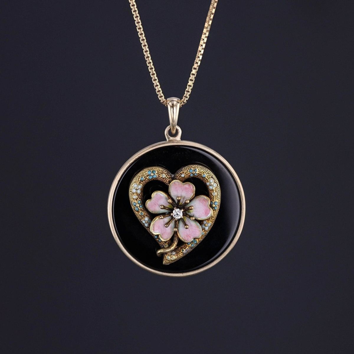 Antique Onyx and Enamel Flower Necklace of 14k Gold - Trademark Antiques