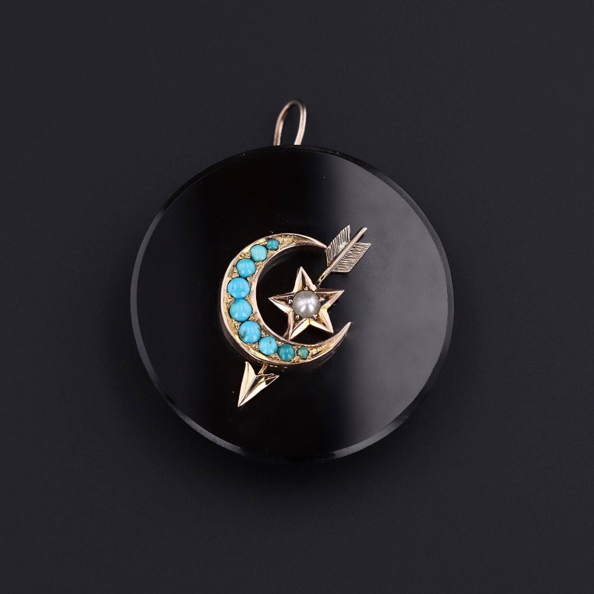 Antique Onyx and Turquoise Crescent Pendant of 14k Gold - Trademark Antiques