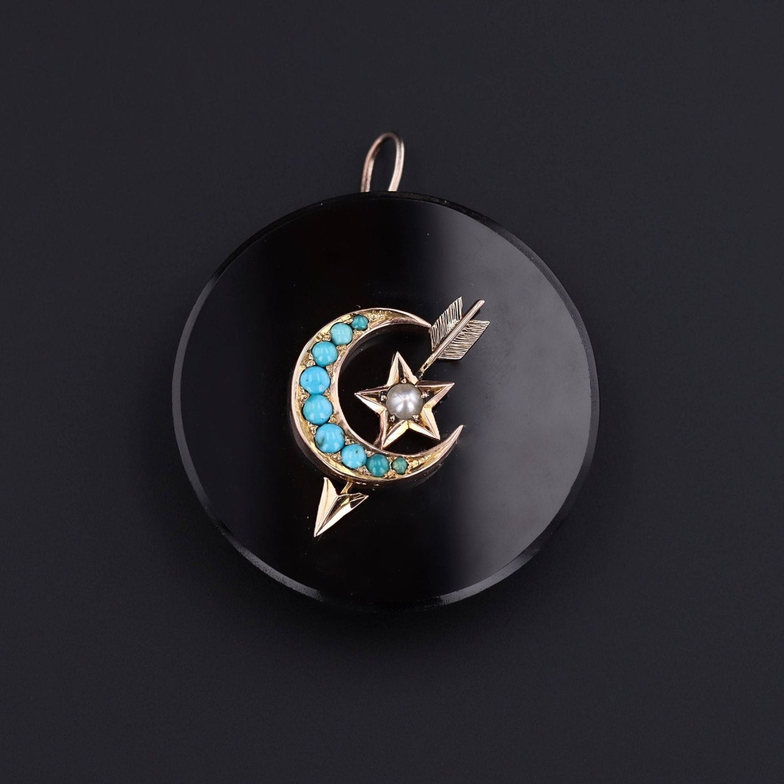 Antique Onyx and Turquoise Crescent Pendant of 14k Gold - Trademark Antiques